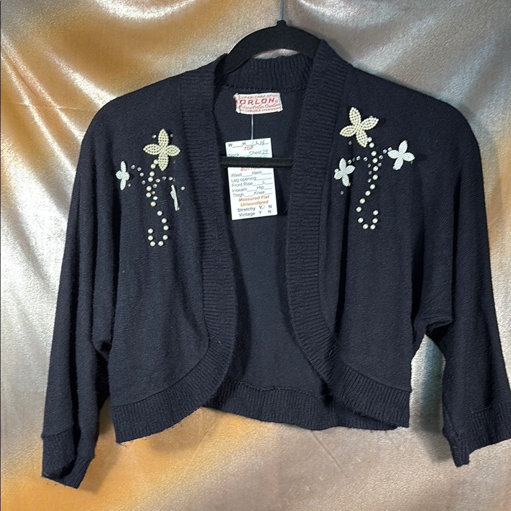 Vintage 50’s Orlon Black pearl Embellished Women's‎ Sweater46” chest H1